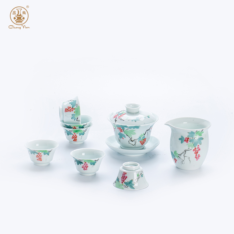 玉瓷手繪“吉運添?！?頭蓋碗茶具套裝